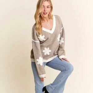 Women's Floral Knit Drop Shoulder V-Neck Sweater